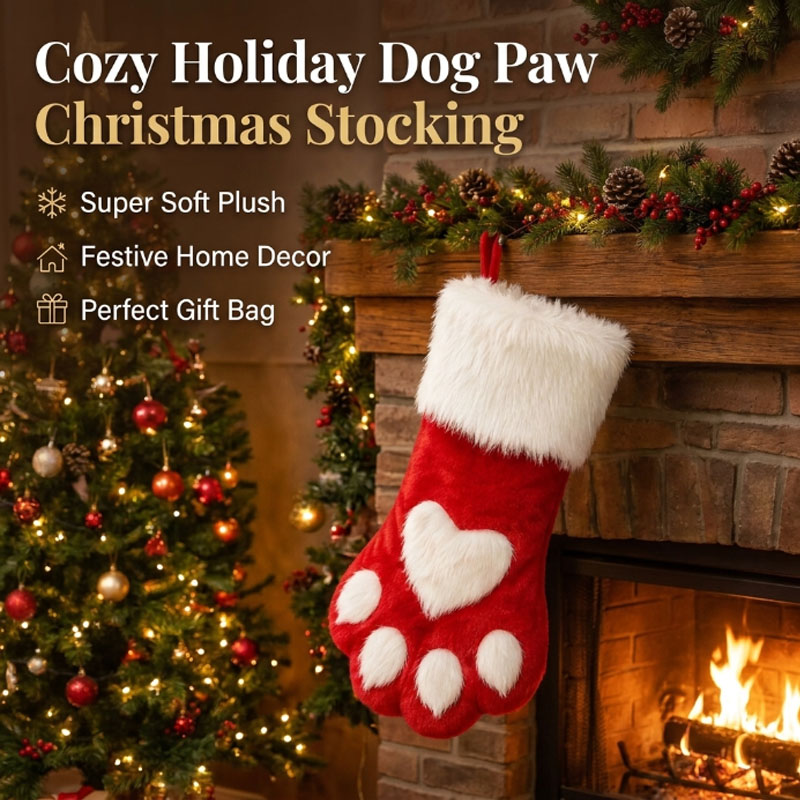 Christmas Stocking Hanging - Winter Plush Dog Paw Christmas Stocking