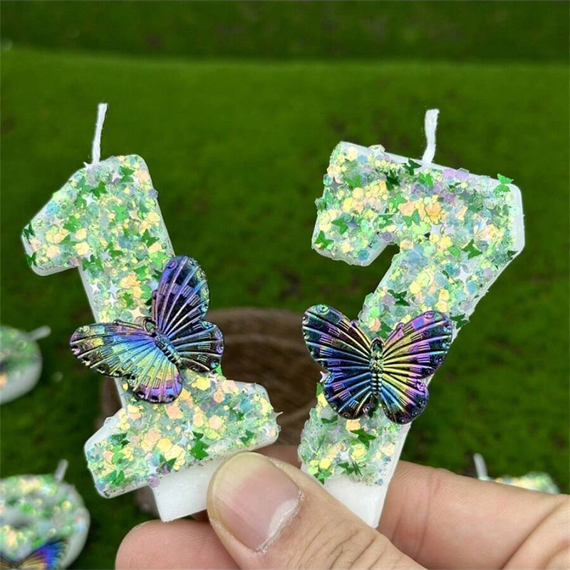 Holiday Candle Set - 1Pc Green Sequins Number 0-9 Butterfly